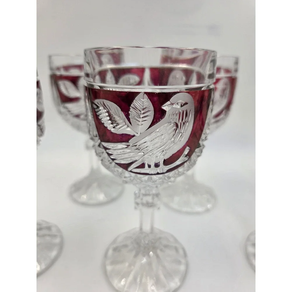Vintage Bohemian Ruby Red Cut to Clear Crystal Wine Goblets Etched Bird Set of 6